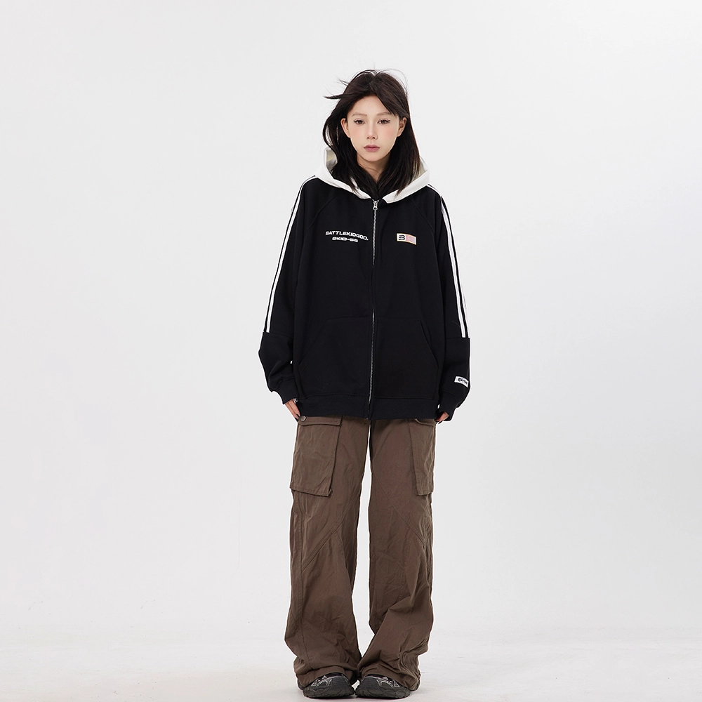 美式条纹旗帜复古开衫外套宽松连帽卫衣 男女同款