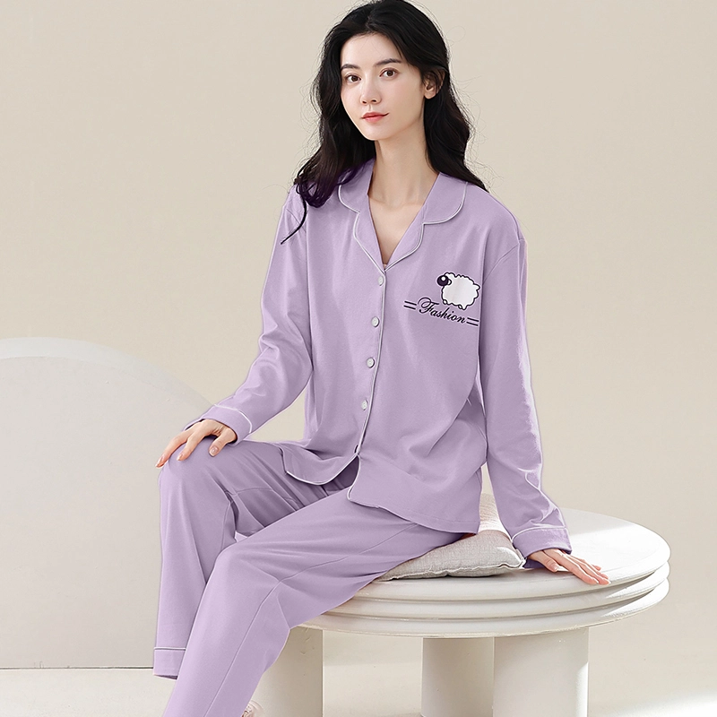 歌倩雅 舒适休闲简约长袖长裤睡衣套装 女款 紫色