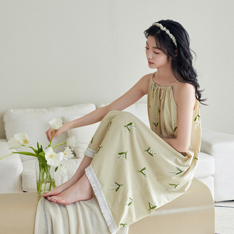 歌倩雅 薄款甜美可爱无袖吊带睡裙 女款 淡黄绿