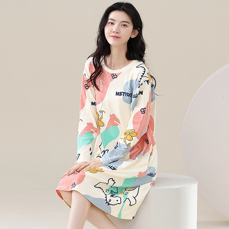 歌倩雅 纯棉大码舒适简约长袖睡裙 女款 图色