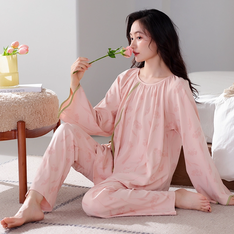 歌倩雅 简约国风长袖上衣大码休闲长裤家居服睡衣套装 女款 图片色