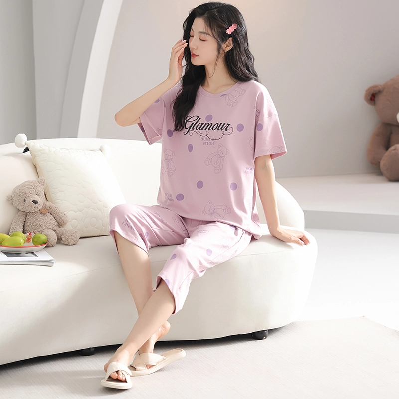 歌倩雅 纯棉圆领短袖休闲七分裤可外穿睡衣套装 女款 粉色