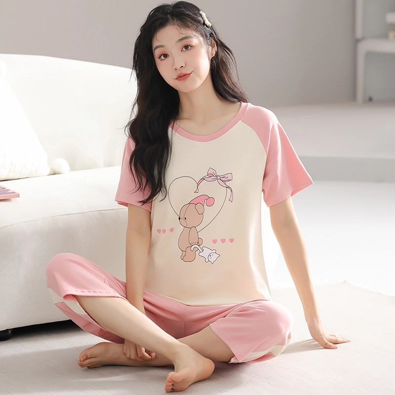 歌倩雅 舒适抑菌休闲亲肤短袖七分裤睡衣套装 女款 粉色