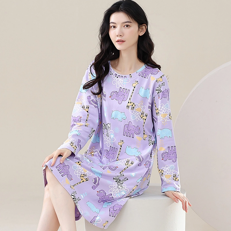 歌倩雅 长袖中长款套头卡通睡裙 女款 图片色