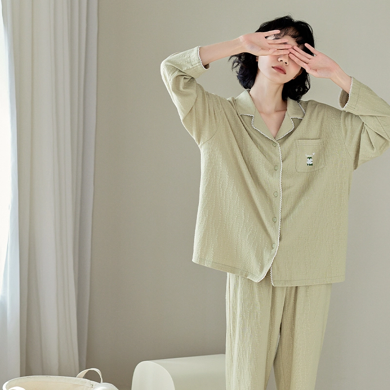 歌倩雅 长袖简约休闲高级感翻领睡衣套装 女款 绿色