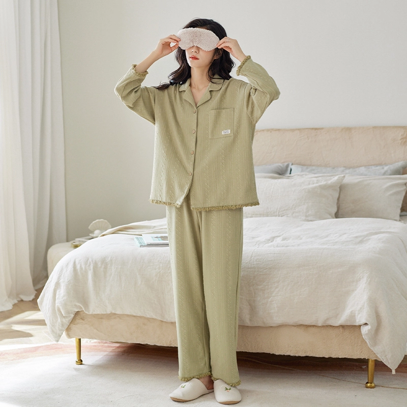 歌倩雅 纽扣流苏边口袋长袖上衣纯色简约长裤睡衣套装 女款 绿色流苏边