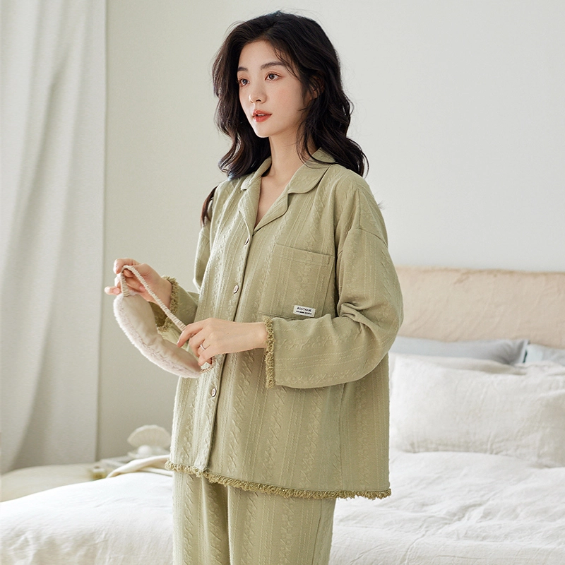 歌倩雅 纽扣流苏边口袋长袖上衣纯色简约长裤睡衣套装 女款 绿色流苏边