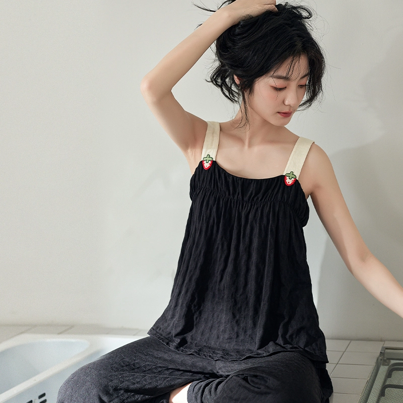 歌倩雅 纯色简约甜美可爱家居吊带长裤睡衣套装 女款 黑色