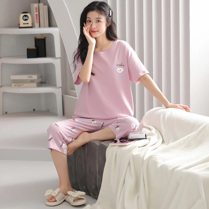 歌倩雅 圆领短袖七分裤清新套头睡衣套装 女款 粉色