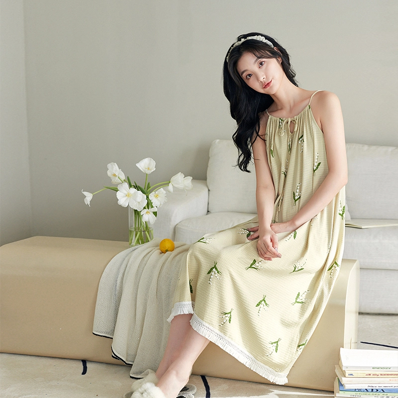 歌倩雅 薄款甜美可爱无袖吊带睡裙 女款 淡黄绿