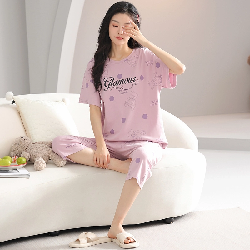 歌倩雅 纯棉圆领短袖休闲七分裤可外穿睡衣套装 女款 粉色