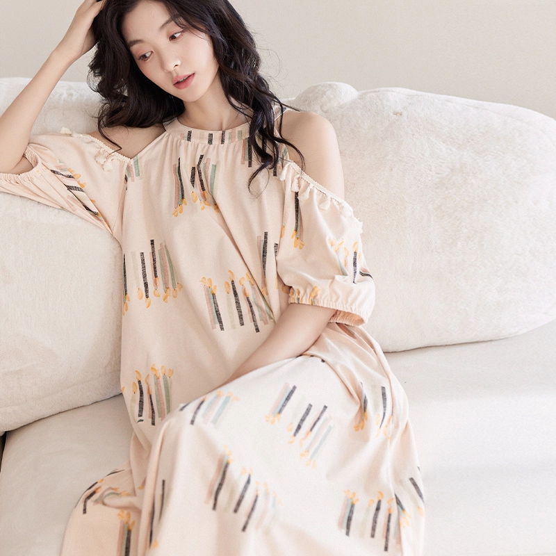 歌倩雅 凉感型舒适可外穿露肩袖睡裙 女款 浅粉