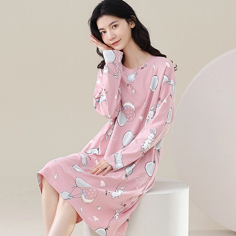 歌倩雅 纯棉长袖简约卡通可爱高级睡裙 女款 粉色