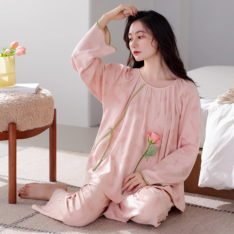 歌倩雅 简约国风长袖上衣大码休闲长裤家居服睡衣套装 女款 图片色