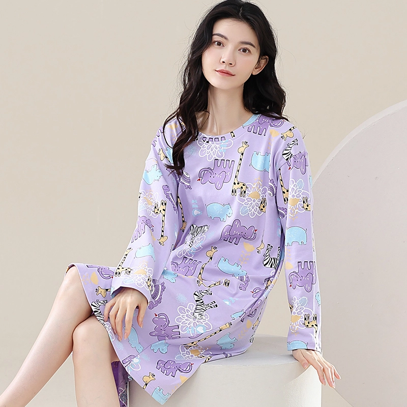 歌倩雅 长袖中长款套头卡通睡裙 女款 图片色