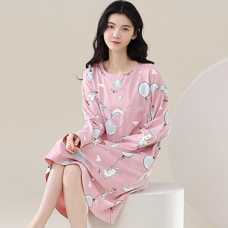 歌倩雅 纯棉长袖简约卡通可爱高级睡裙 女款 粉色
