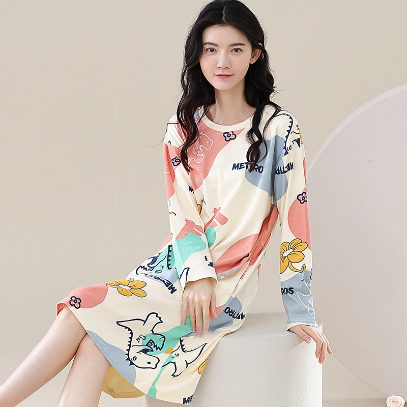 歌倩雅 纯棉大码舒适简约长袖睡裙 女款 图色