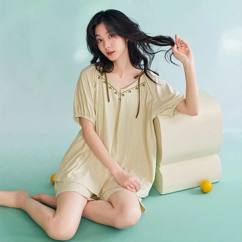 歌倩雅 短袖甜美可爱高级感可外穿短袖睡衣套装 女款 米白