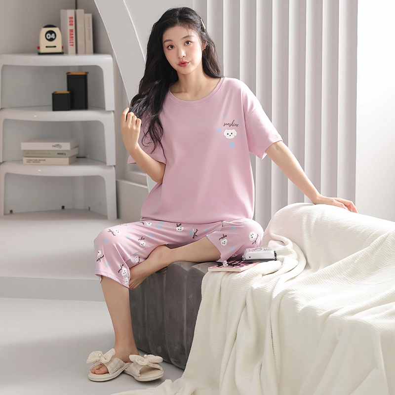 歌倩雅 圆领短袖七分裤清新套头睡衣套装 女款 粉色