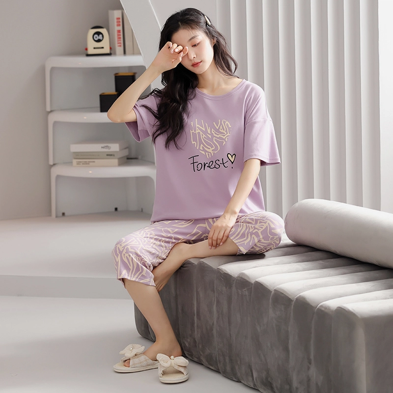 歌倩雅 亲肤舒适透气休闲短袖七分裤家居服睡衣套装 女款 紫色