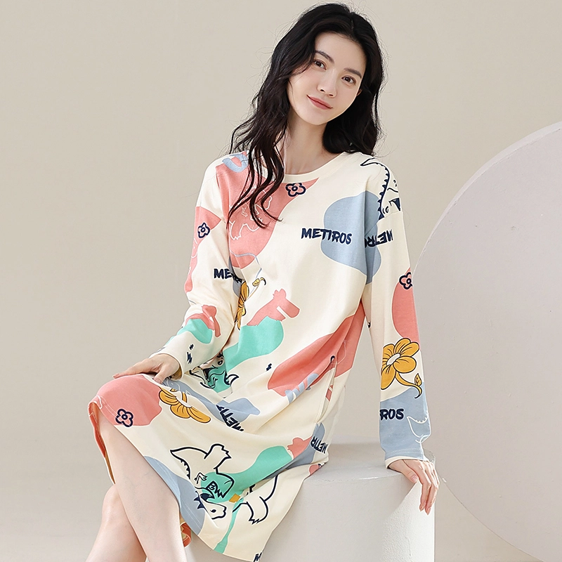 歌倩雅 纯棉大码舒适简约长袖睡裙 女款 图色