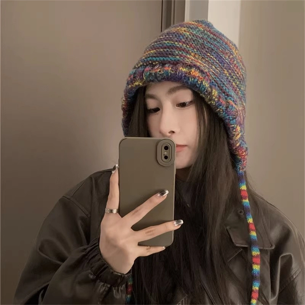 钓鱼熊 彩虹渐变毛线秋冬季款显脸小包头保暖 聚酯纤维 绒线帽 女款