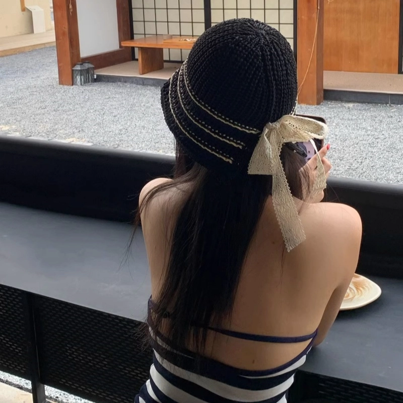 钓鱼熊 蝴蝶结镂空飘带百搭夏季时尚防晒遮阳帽子显脸小草编盆帽 涤纶 渔夫帽 男女同款情侣款
