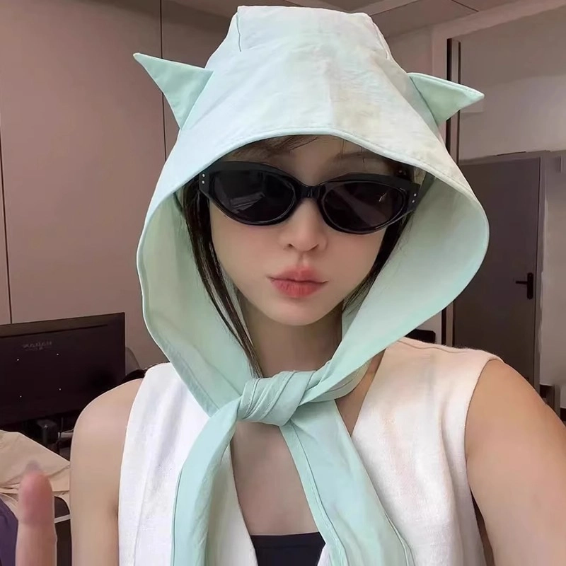 钓鱼熊 无印小恶魔绑带速干遮阳帽子夏季薄款可爱猫耳朵护耳头巾帽 聚酯纤维 防晒帽 男女同款情侣款