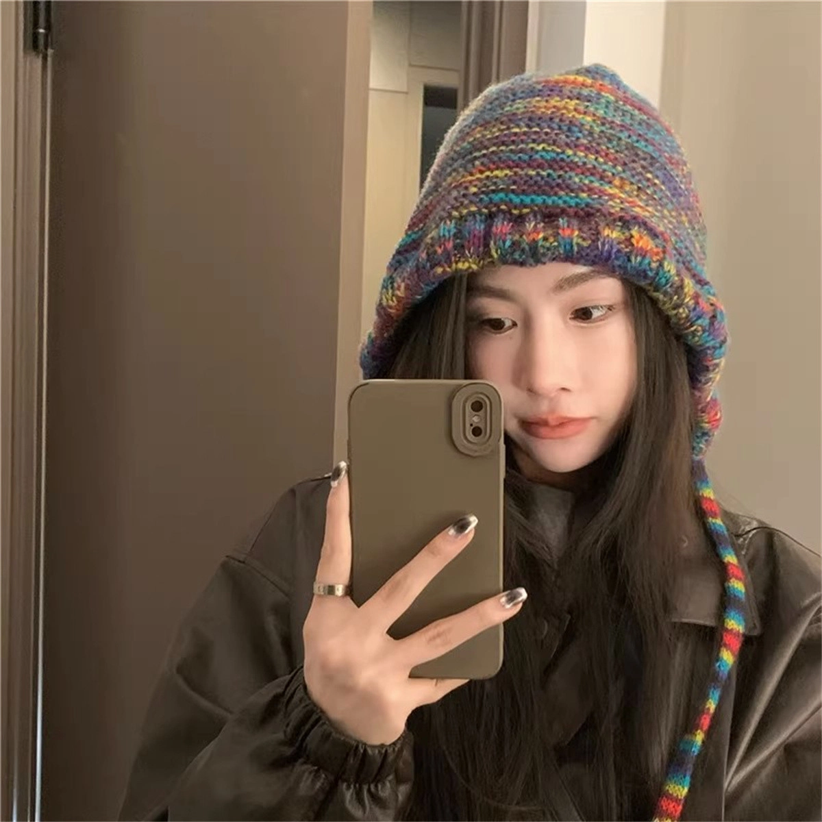钓鱼熊 彩虹渐变毛线秋冬季款显脸小包头保暖 聚酯纤维 绒线帽 女款