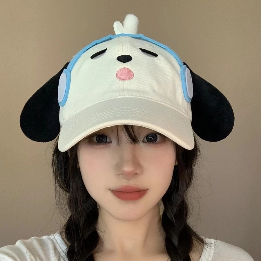 钓鱼熊 白色呆萌耳机小狗甜妹显脸小立体耳朵 棉 鸭舌帽 男女同款情侣款