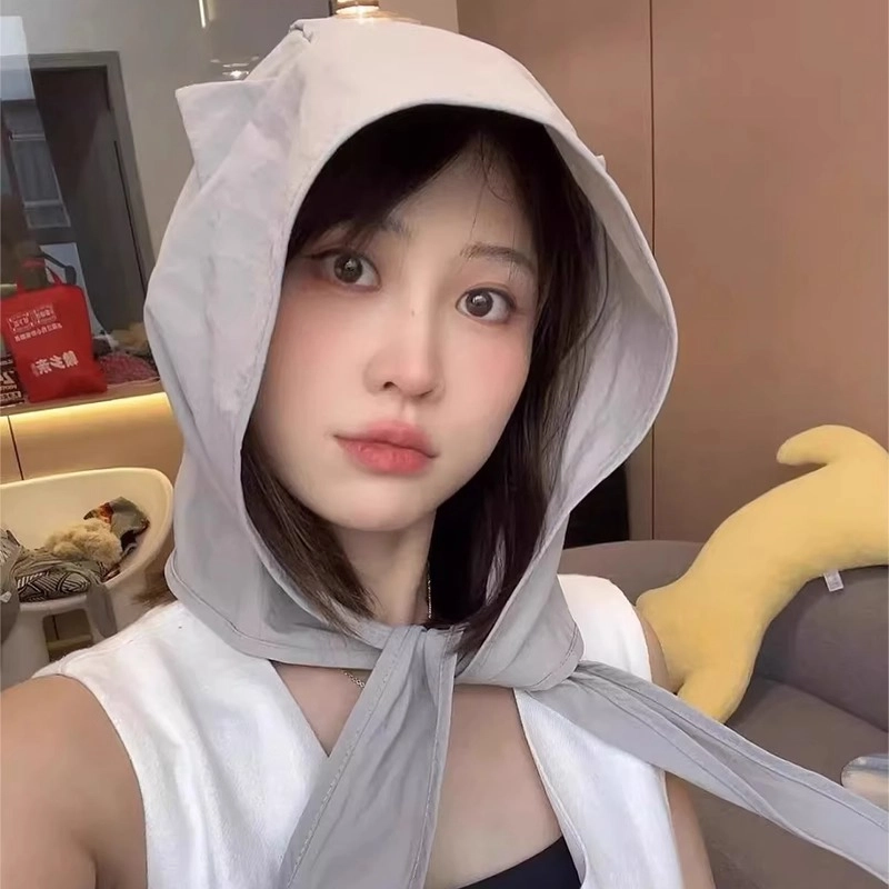 钓鱼熊 无印小恶魔绑带速干遮阳帽子夏季薄款可爱猫耳朵护耳头巾帽 聚酯纤维 防晒帽 男女同款情侣款