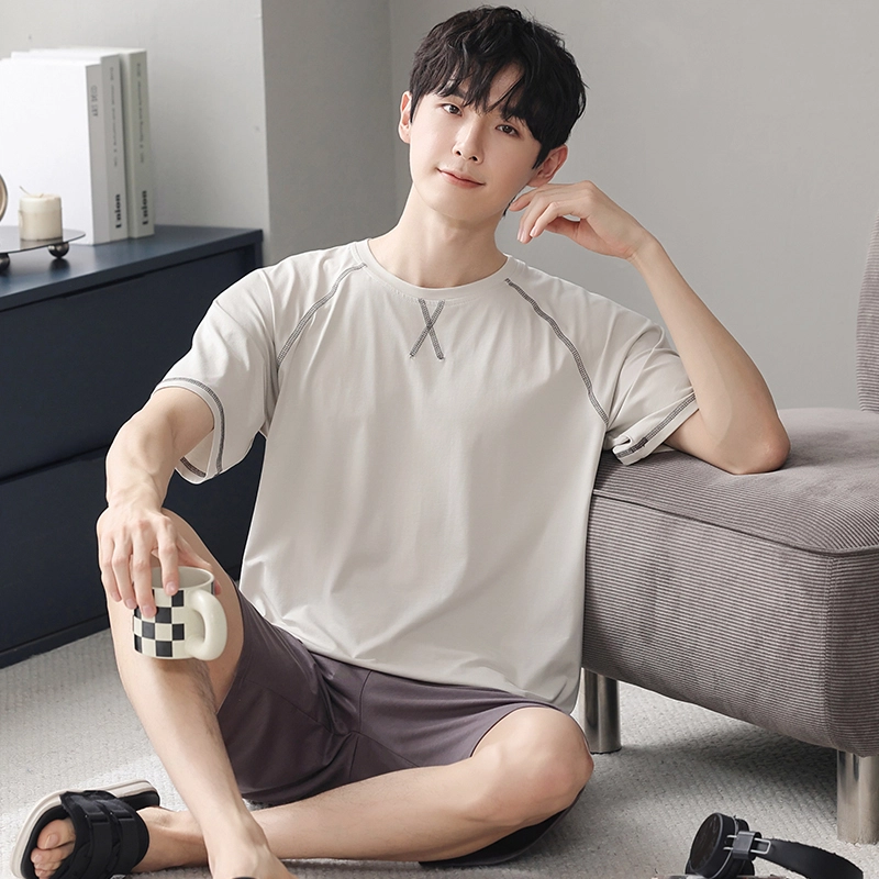 芬腾可安 可外穿的家居服显瘦青春大学生轻盈休闲细腻遮肉个性舒适圆领宽松短袖五分裤春夏季睡衣套装 男款