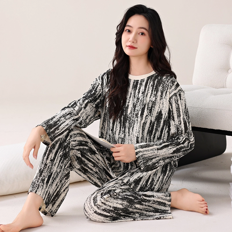 芬腾可安 家居服纯棉经典简约带胸垫一体式轻熟风亲肤遮肉柔软韩版轻盈外出可穿长袖长裤秋冬季睡衣套装 女款