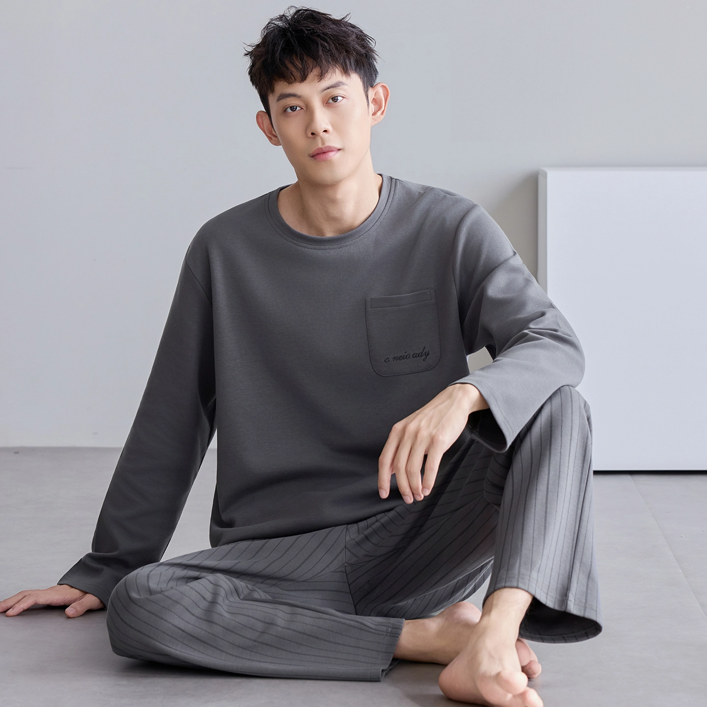 芬腾可安 纯棉气质外出可穿亲肤舒适春秋季休闲轻盈家居服睡衣套装 男款