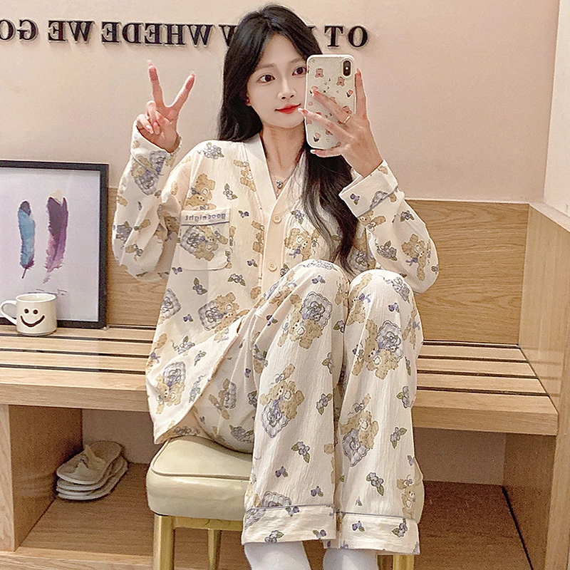 芬腾可安 春秋亲肤可外穿带胸垫和服领开衫一体式家居服睡衣套装 女款