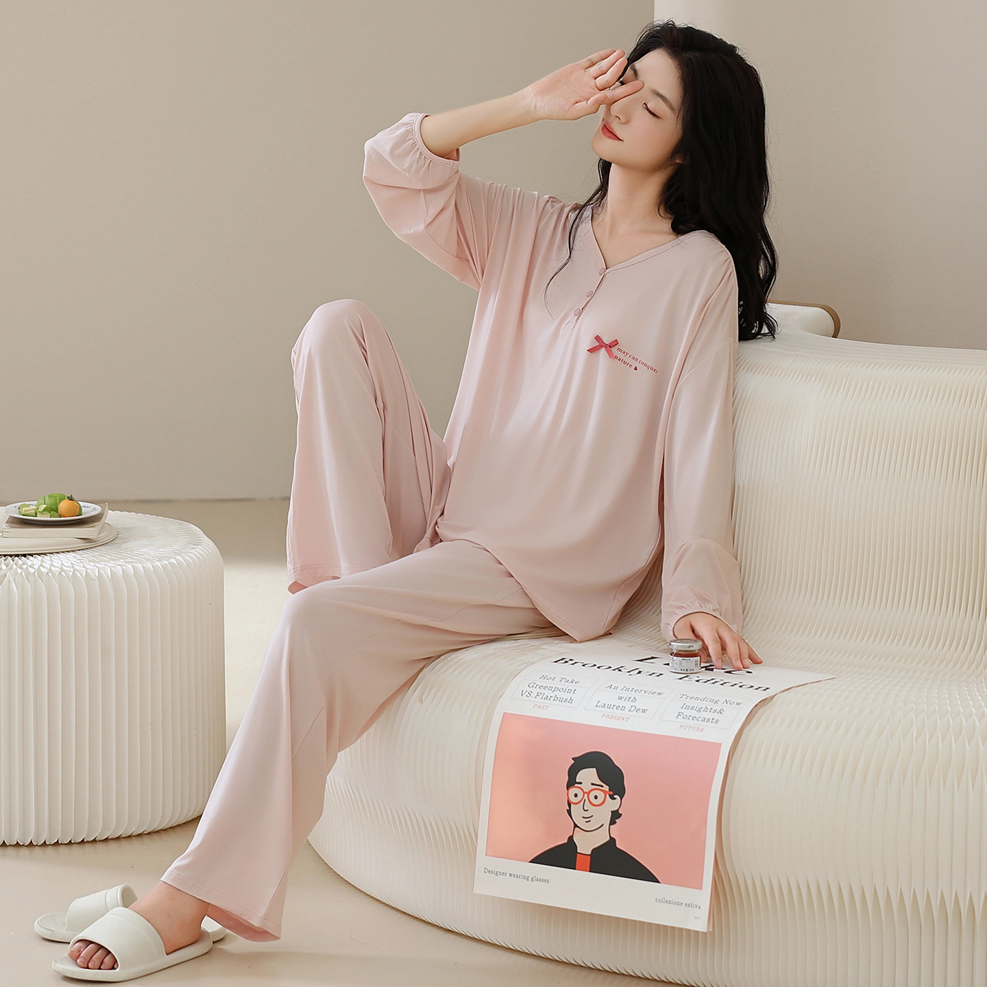 芬腾可安 秋冬季精致浅色系简约显瘦设计感亲肤家居服睡衣套装 女款