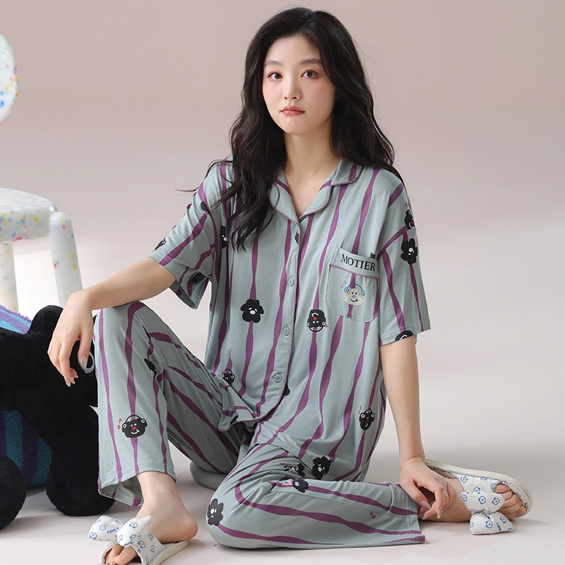 芬腾可安 气质家居服甜美带胸垫一体式短袖长裤大学生外出宿舍都可穿细腻舒适柔软亲肤睡衣套装 女款