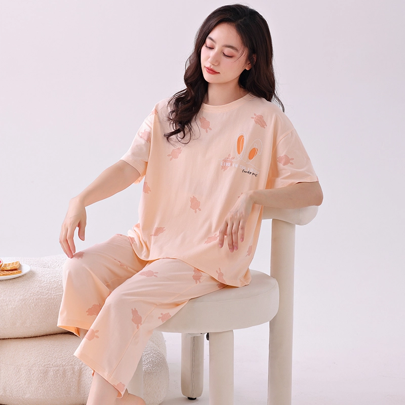 芬腾可安 外出可穿的家居服纯棉休闲宽松舒适透气微弹显瘦时尚韩版短袖七分裤春夏季睡衣套装 女款