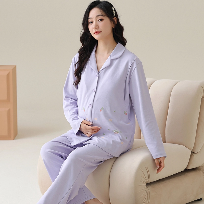 芬腾可安 纯棉外出可穿带胸垫孕期哺乳期都可穿的月子家居服宽松显瘦优雅长袖长裤双侧哺乳口可调节腰带春秋季睡衣套装 女款