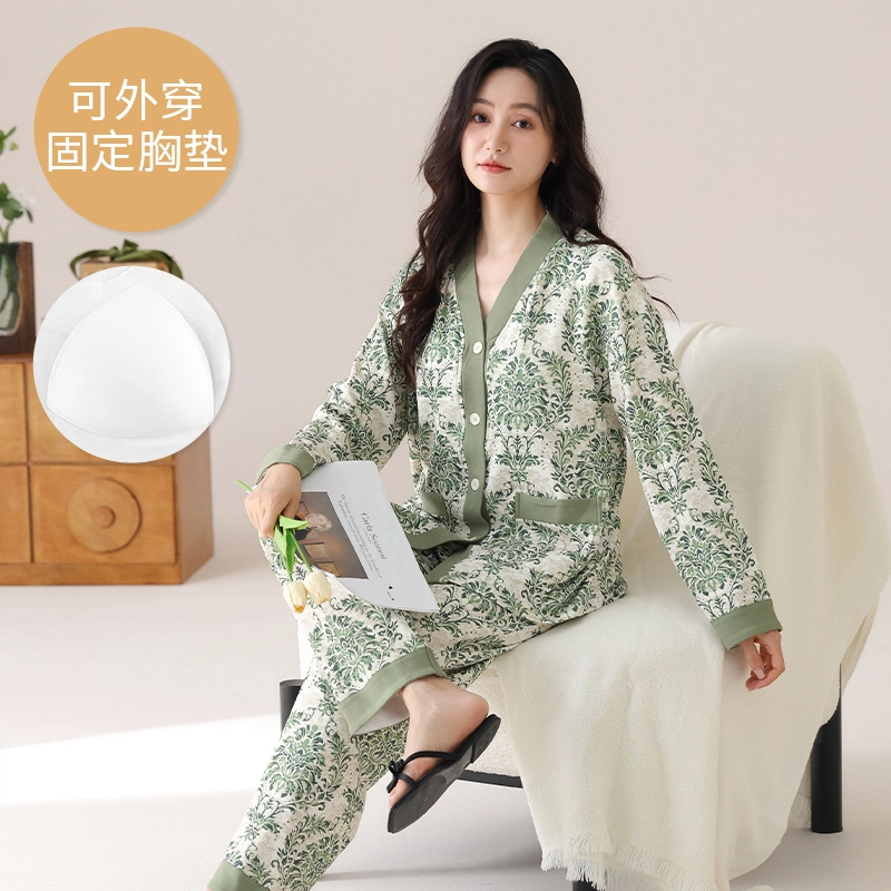 芬腾可安 春秋季简约宽松温柔设计感显瘦带胸垫少女感大码家居服睡衣套装 女款
