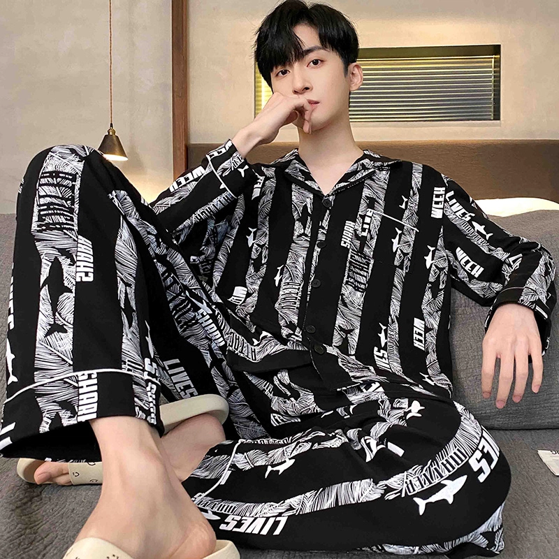 芬腾可安 春秋季简约休闲亲肤翻领开衫轻熟风家居服睡衣套装 男款