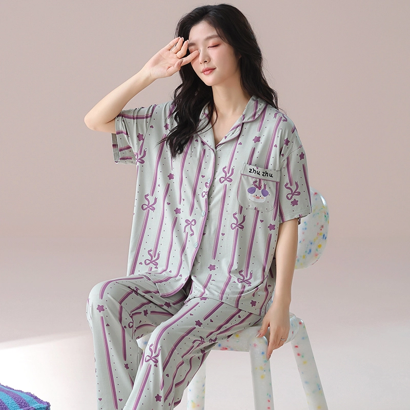 芬腾可安 气质家居服带胸垫一体式短袖长裤甜美大学生外出宿舍都可穿细腻舒适柔软亲肤睡衣套装 女款