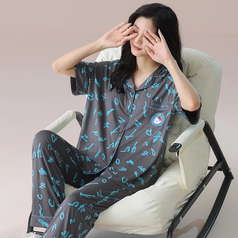 芬腾可安 气质家居服甜美带胸垫一体式短袖长裤细腻舒适柔软亲肤大学生外出宿舍都可穿睡衣套装 女款