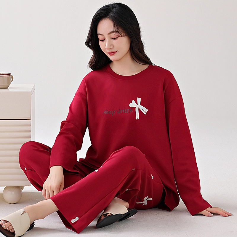 芬腾可安 家居服纯棉韩版经典轻熟风简约带固定胸垫一体式亲肤柔软遮肉外出可穿长袖长裤秋冬季睡衣套装 女款