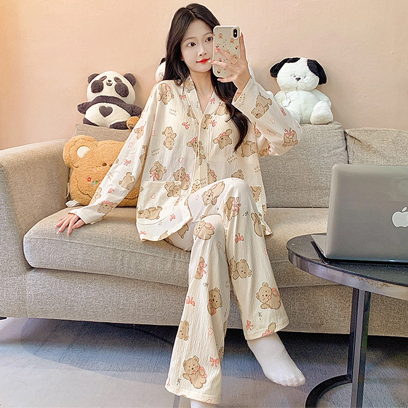 芬腾可安 春秋亲肤可外穿一体式带胸垫和服领开衫家居服睡衣套装 女款