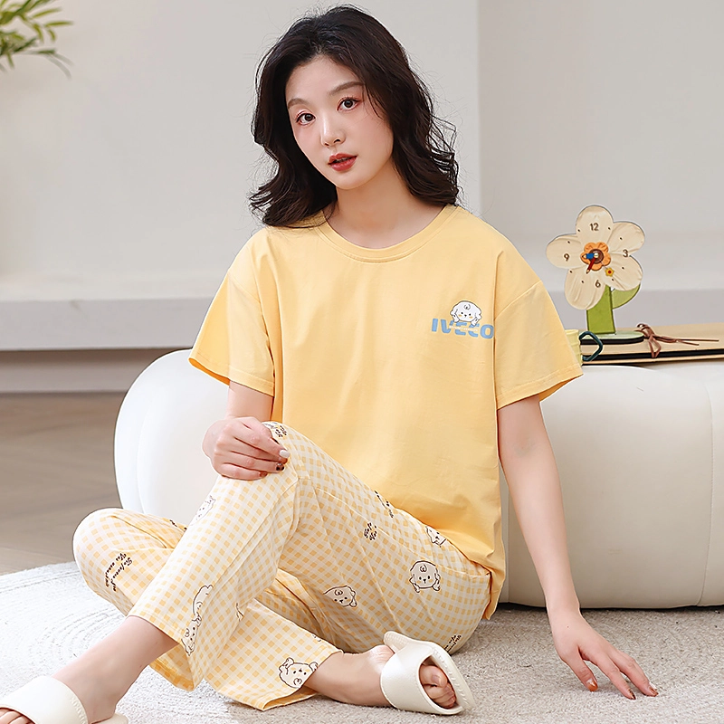 芬腾可安 春夏秋季纯棉韩版修身气质遮肉少女大学生温柔一体式带胸垫免穿文胸轻盈亲肤可外穿的两件短袖长裤家居服睡衣套装 女款