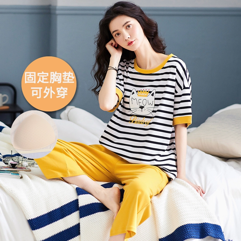 芬腾可安 外出可穿的家居服休闲宽松舒适透气微弹显瘦时尚带胸垫一体式韩版短袖七分裤睡衣套装 女款
