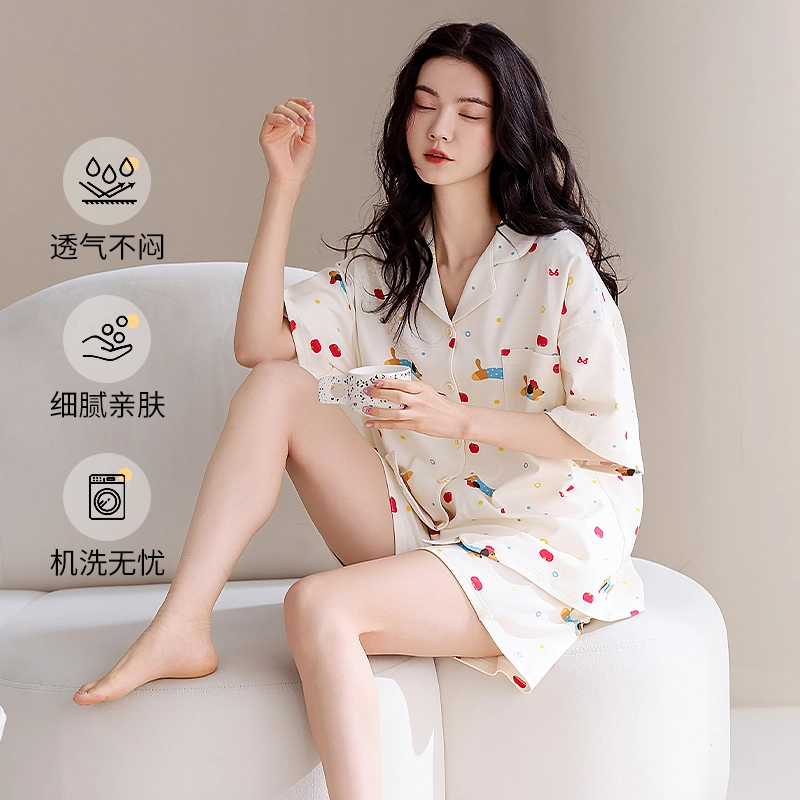 芬腾可安 韩版纯棉大学生宿舍带胸垫一体式外出都可穿的细腻显瘦简约遮肉家居服短袖三分裤睡衣套装 女款