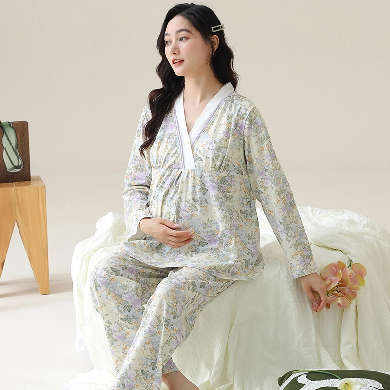 芬腾可安 外出可穿柔软舒适自带杯垫春秋哺乳期可穿月子家居服睡衣套装 女款