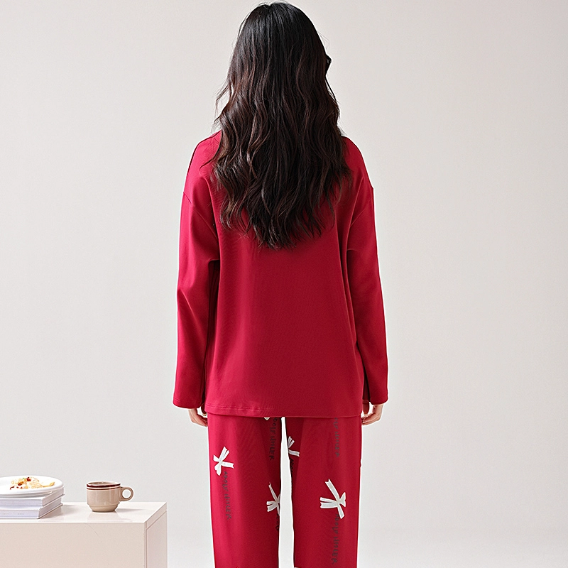 芬腾可安 家居服纯棉韩版经典轻熟风简约带固定胸垫一体式亲肤柔软遮肉外出可穿长袖长裤秋冬季睡衣套装 女款